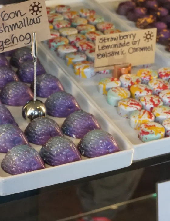 Red and yellow splattered Strawberry Lemonade bonbons.